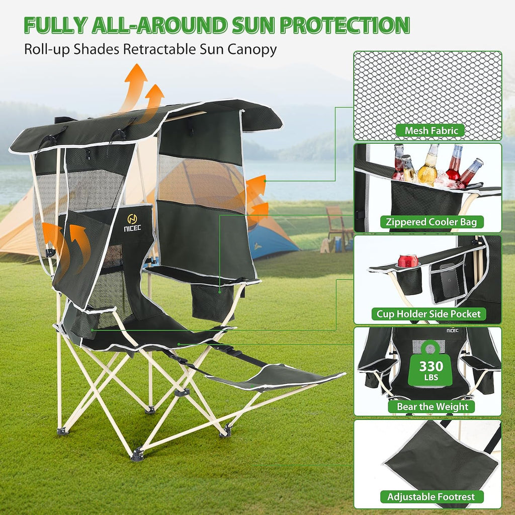 Nice C Chair with Canopy, Umbrella Chairs for Adults, Sports Chair with Shades, with Removable Footrest, Cooler Bag, Cup Holder for Camping, Fishing, Sports, Beach (2Pack Green)