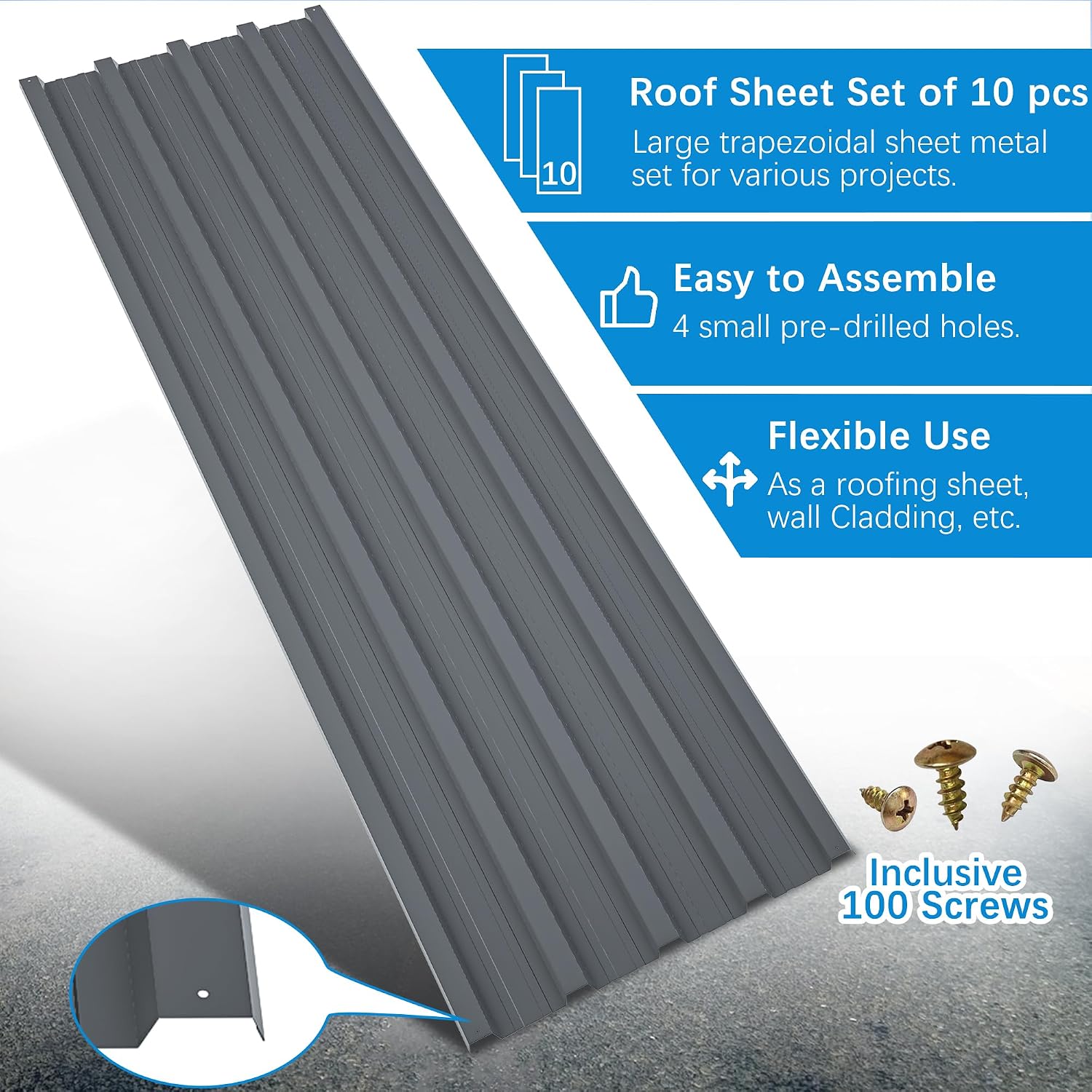 Metal Roof Panels 10 Pcs Galvanized Steel Roofing Panels with Screw Resistant,Versatile and Durable Suitable for Garages,Sheds, Stables and Mobile Homes Gray 70 sq.ft