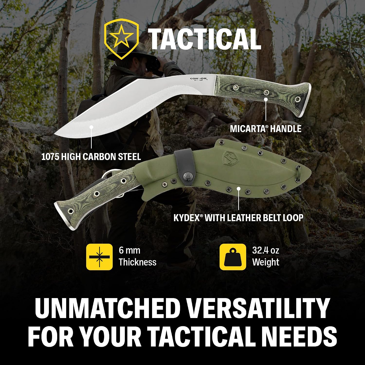 Condor Tool & Knife K-tact Kukri Knife - 1075 High Carbon Steel - Gardening Machete - Micarta Handle - Kydex with Leather Belt Loop Sheath - 6mm Thick - 10in Blade - 32.4oz