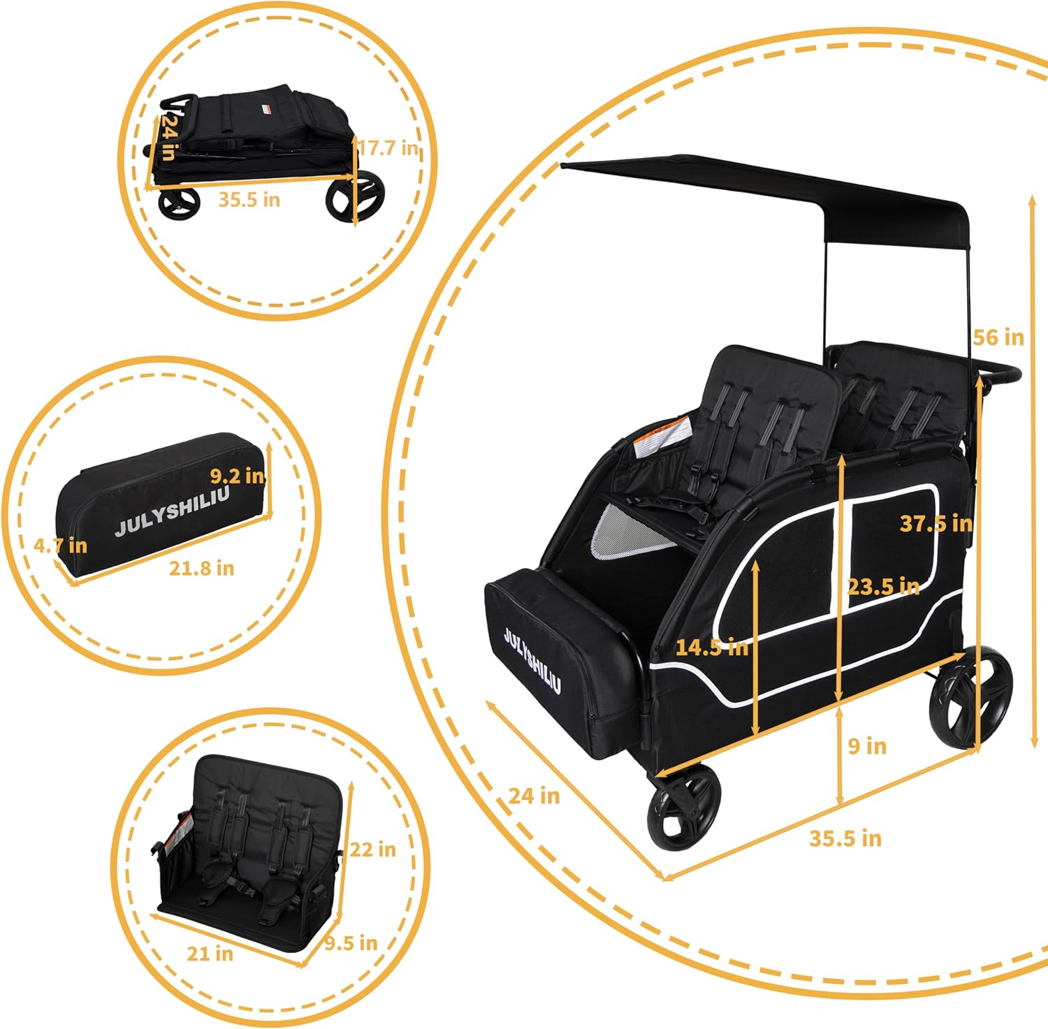 Car-Shaped Large 4 Seater Stroller Wagon for 2 3 Kids Toddler Child Foldable All-Terrain with Removable Canopy, 5-Point Harness, Storage Bag for Shopping Outdoor, Black