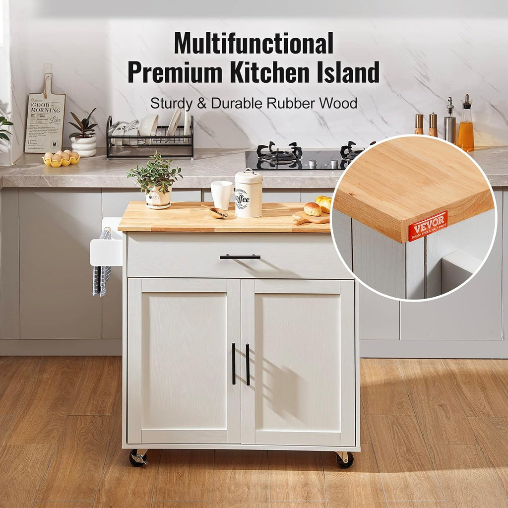VEVOR Kitchen Island Cart with Solid Wood Top, 35.4' Width Mobile Carts with Storage Cabinet, Rolling Kitchen Table with Spice Rack, Towel Rack, Drop Leaf and Drawer, Portable Islands on Wheels, White