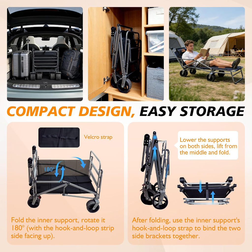 Heavy Duty Folding Wagon Cart 660 lb Capacity, 3-in-1 Collapsible Utility Wagon with Adjustable Handle and All-Terrain Wheels for Camping, Beach, Grocery, Outdoor Use