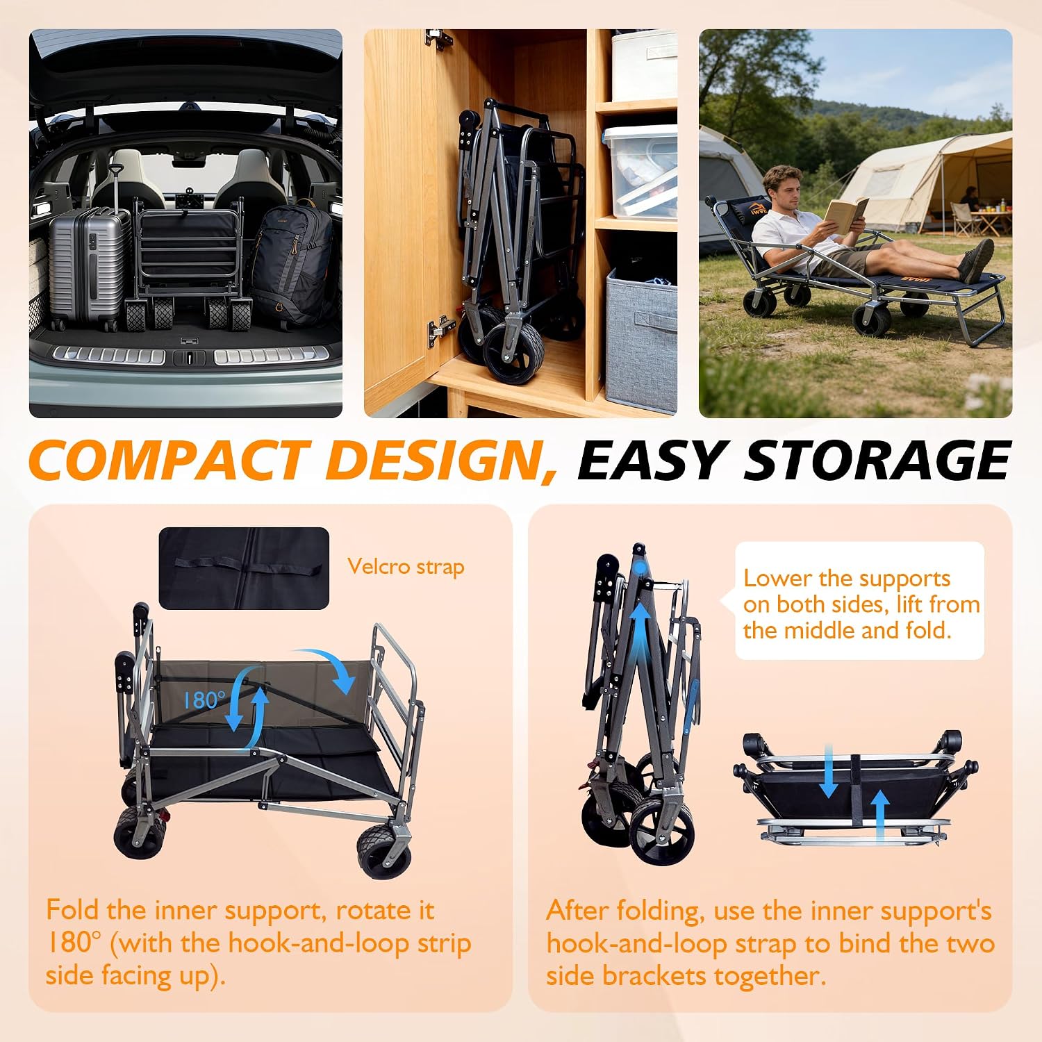 Heavy Duty Folding Wagon Cart 660 lb Capacity, 3-in-1 Collapsible Utility Wagon with Adjustable Handle and All-Terrain Wheels for Camping, Beach, Grocery, Outdoor Use