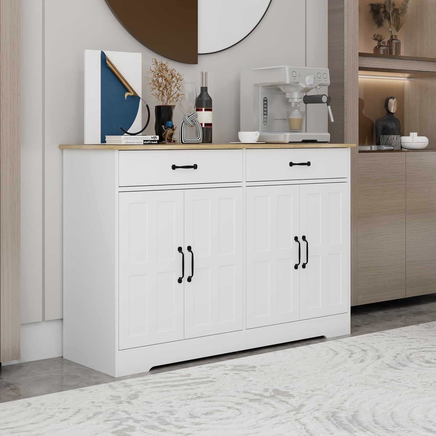 48' E1 MDF 3-Coat Paint Freestanding Storage Cabinet, Kitchen Storage Bakers Rack with Anti-tip Design, Utility Food Cupboard for Home Spaces, White