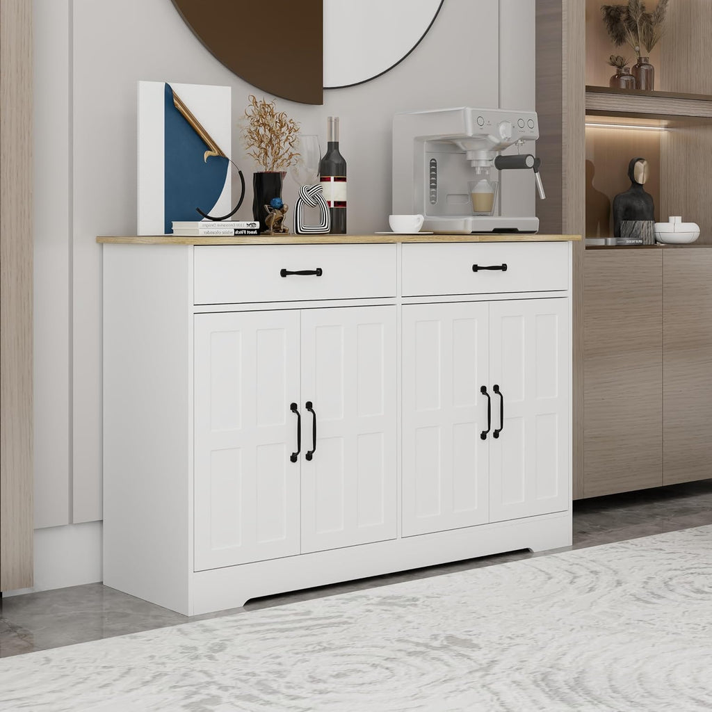 48' Carved-Door Freestanding Storage Cabinet, Kitchen Storage Bakers Rack with Metal Slides, Utility Food Cupboard for Home, White