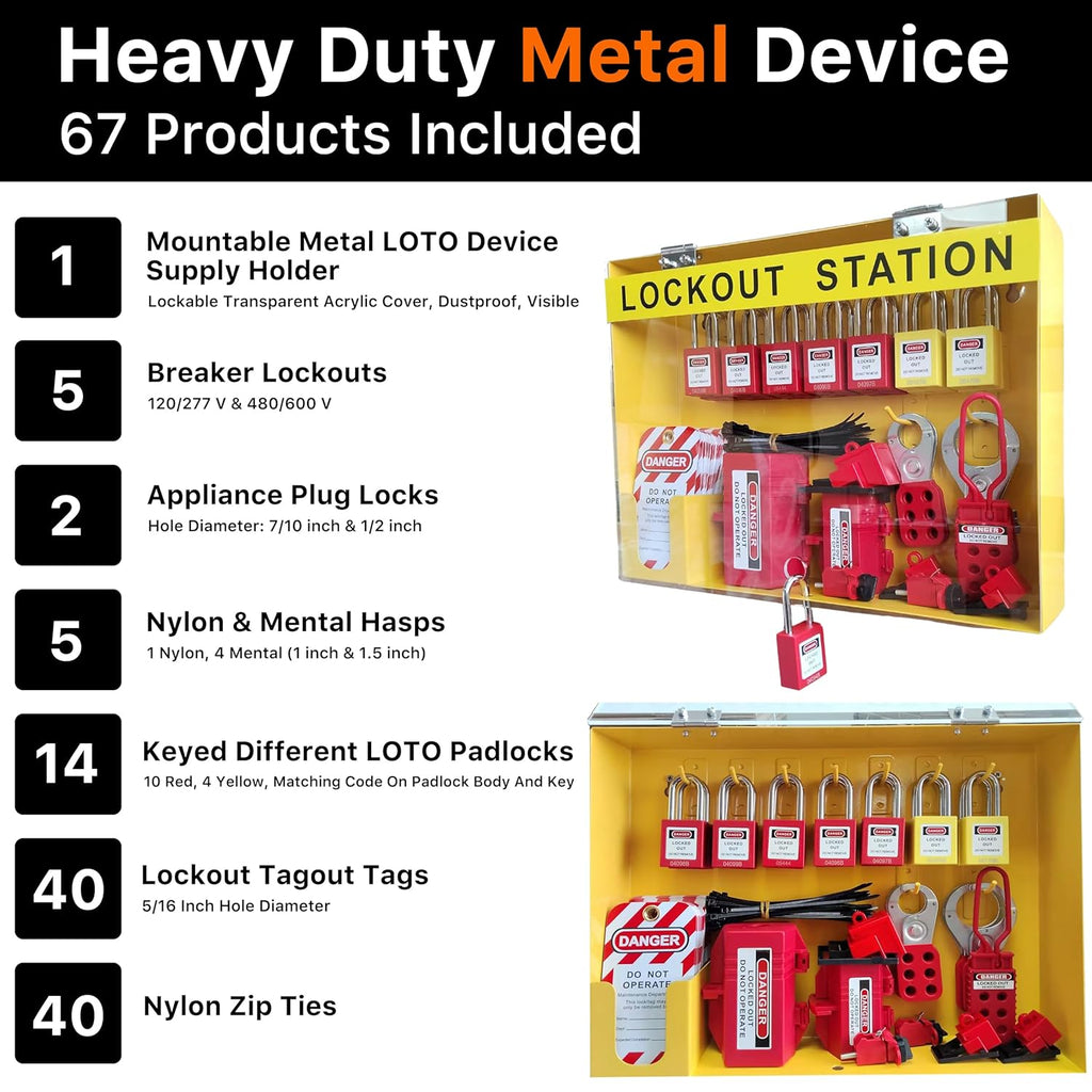 Lockout Tagout Station Safety Kit Electrical Loto Devices - OSHA Compliant Industrial Organizer | 14 Safety Locks, 2 Plug Locks, 5 Hasps, 40 Tags and Ties, 5 Circuit Breaker Lockouts - OSHA Compliance