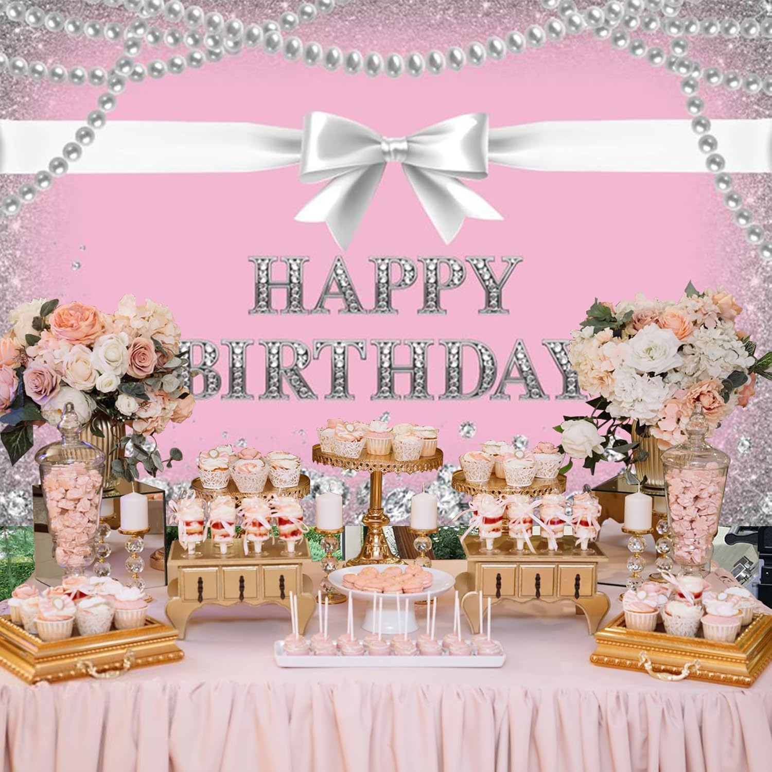 20x10ft Pink Happy Birthday Backdrop Photography Background Silver Bowknot Pearl Necklace Diamonds Backdrop Birthday Party Girls Princess Portrait Photo Studio Video Props