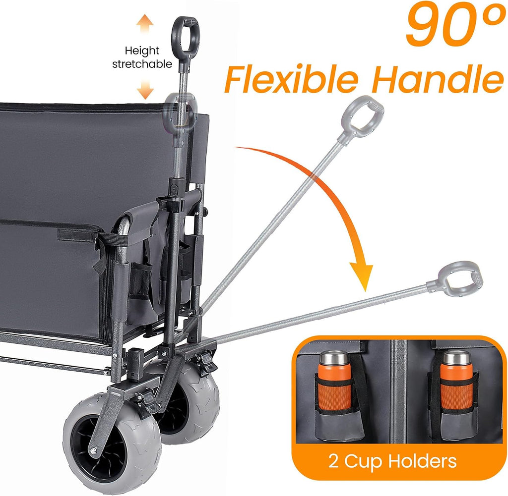 3-in-1 Folding Wagon with Seats and Table, All Terrain Beach Cart with Big Wheels for Sand, 500lbs Heavy Duty Collapsible Wagon for Camping Family Shopping (Gray)