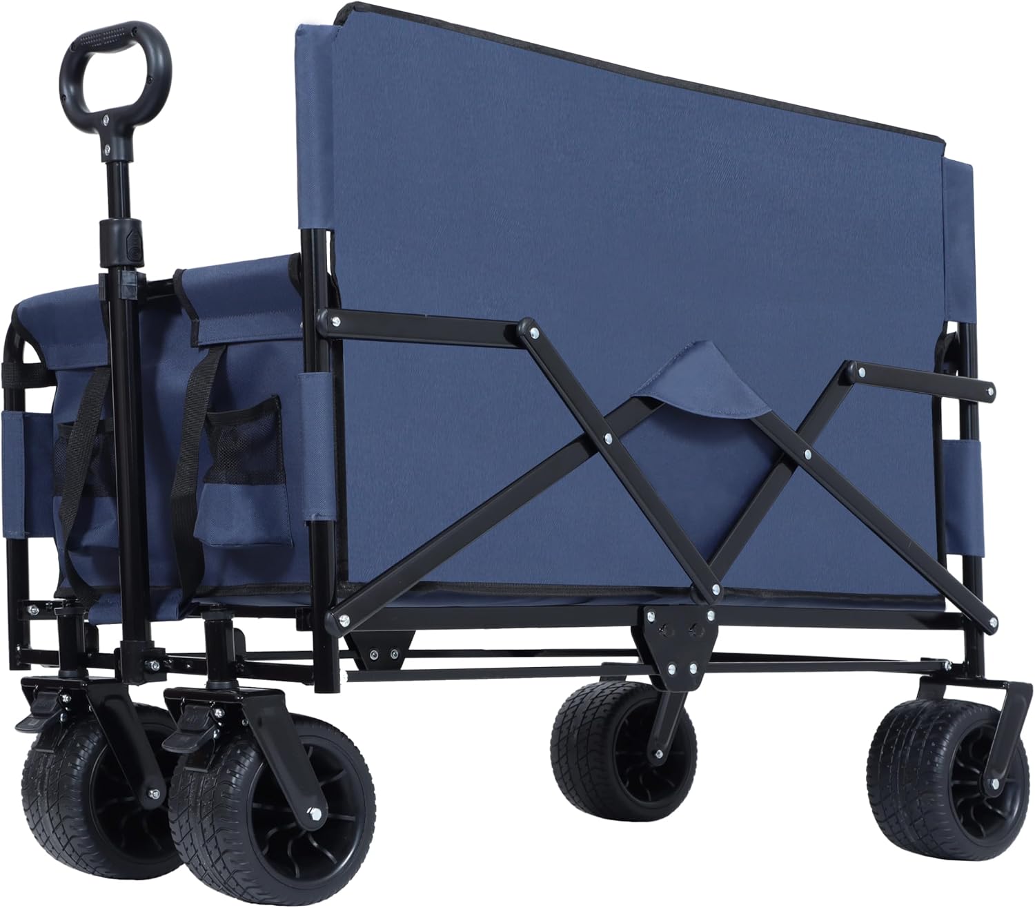 3-in-1 Heavy-Duty Folding Wagon Cart with Bench Seat & Rear Tabletop - 500lbs Capacity, All-Terrain Wheels for Camping, Beach, Sports, Garden (Dark Blue)