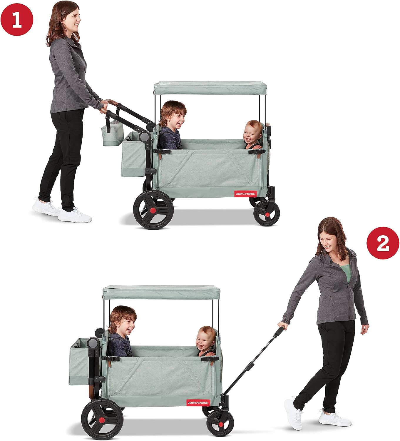 Radio Flyer Atlas Stroll 'N Wagon, Sage Green, for Ages 1+, 3-in-1 Push or Pull Versatility, One-Hand Fold, UV Canopy, 5-Point Harnesses, Storage Capabilities, Rubber Wheels, Stroller Wagon for Kids