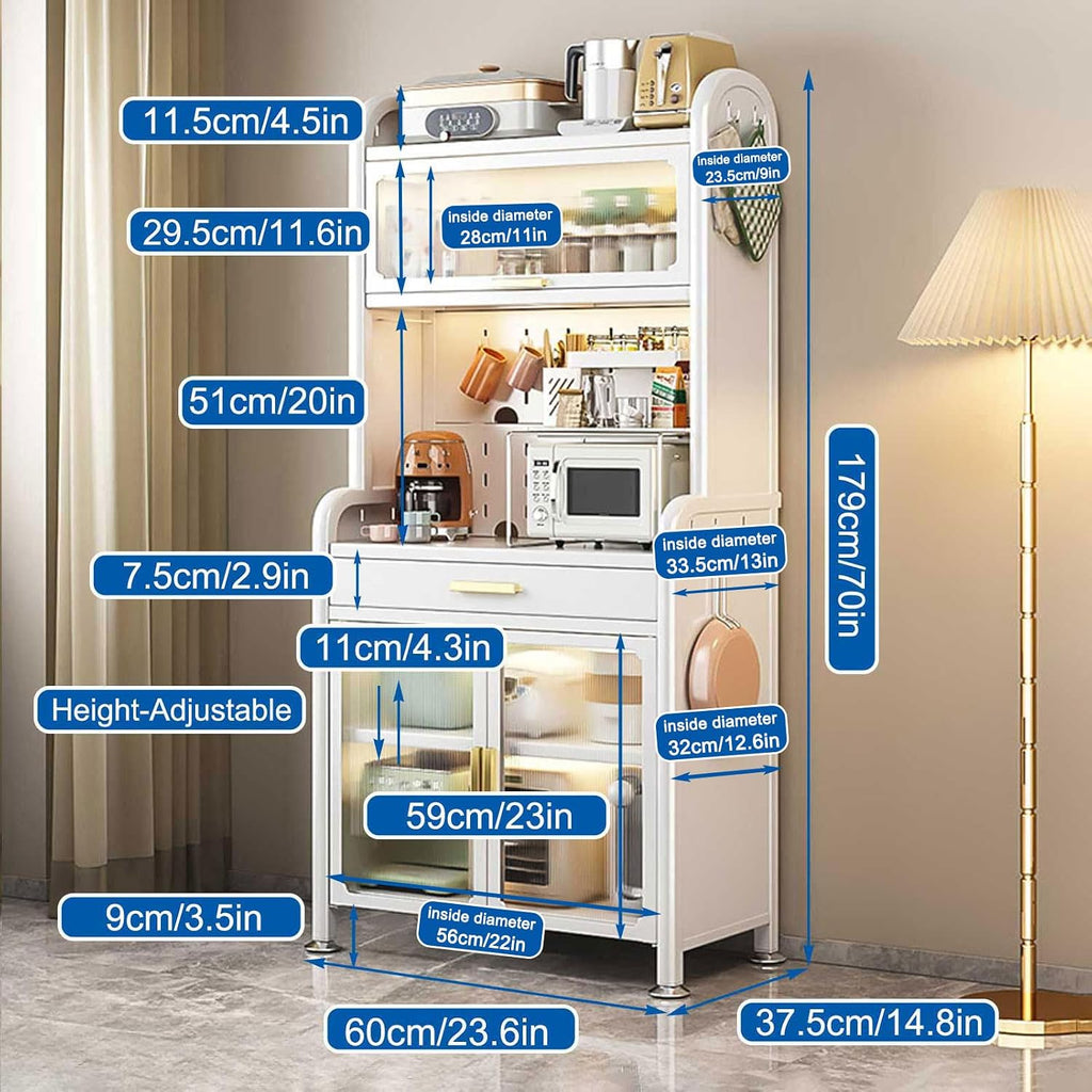 Generic White,179×60cm/70×23.6in, Standing Bakers Rack for Kitchen Storage, 5 -Tier Microwave Stand with Drawer and Adjustable Shelf, Metal Shelves with Microwave Stand for Kitchen Pantry