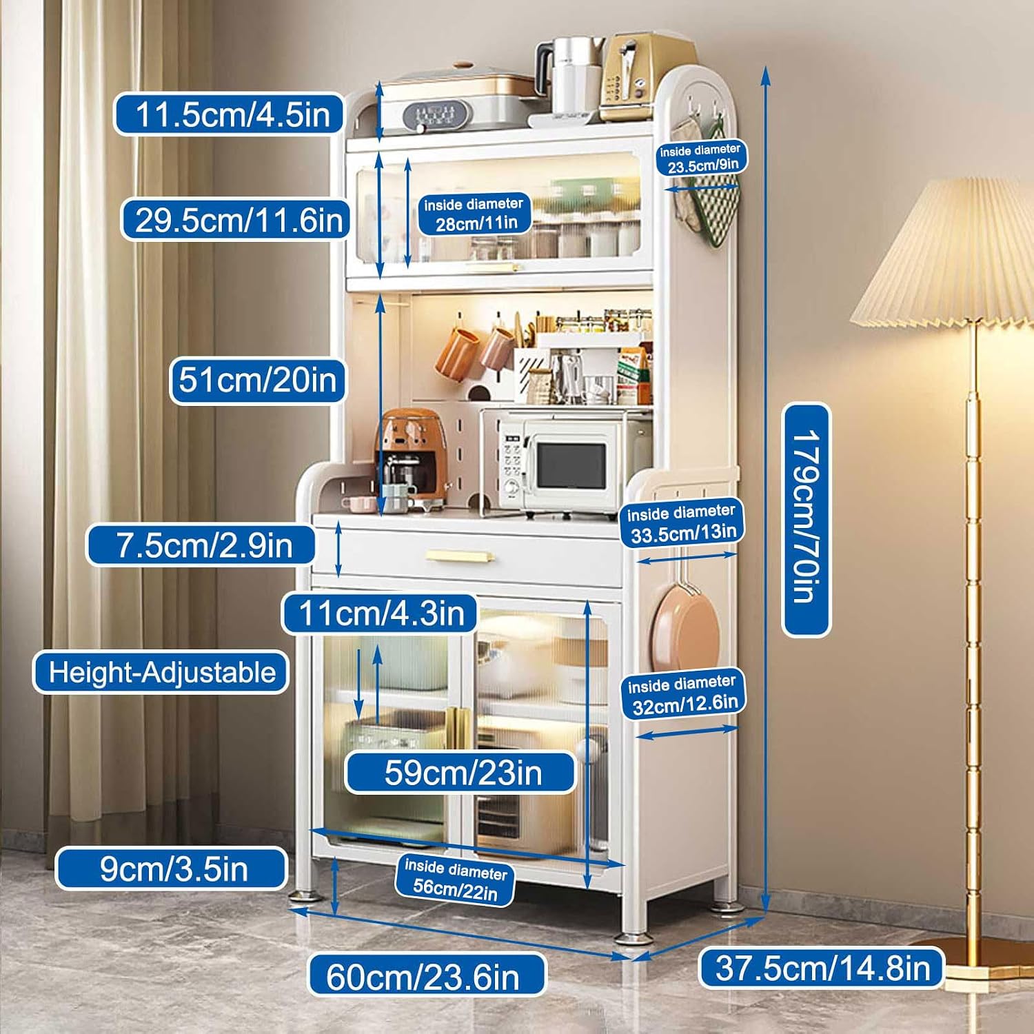 Generic White,179×60cm/70×23.6in, Standing Bakers Rack for Kitchen Storage, 5 -Tier Microwave Stand with Drawer and Adjustable Shelf, Metal Shelves with Microwave Stand for Kitchen Pantry