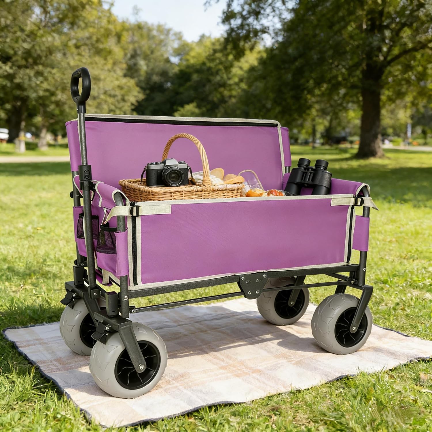 ZeHuoGe 3-in-1 Folding Wagon with Bench Seat – 500lbs Capacity, 9'x4' Beach Tires for Camping & Beach (Purple)