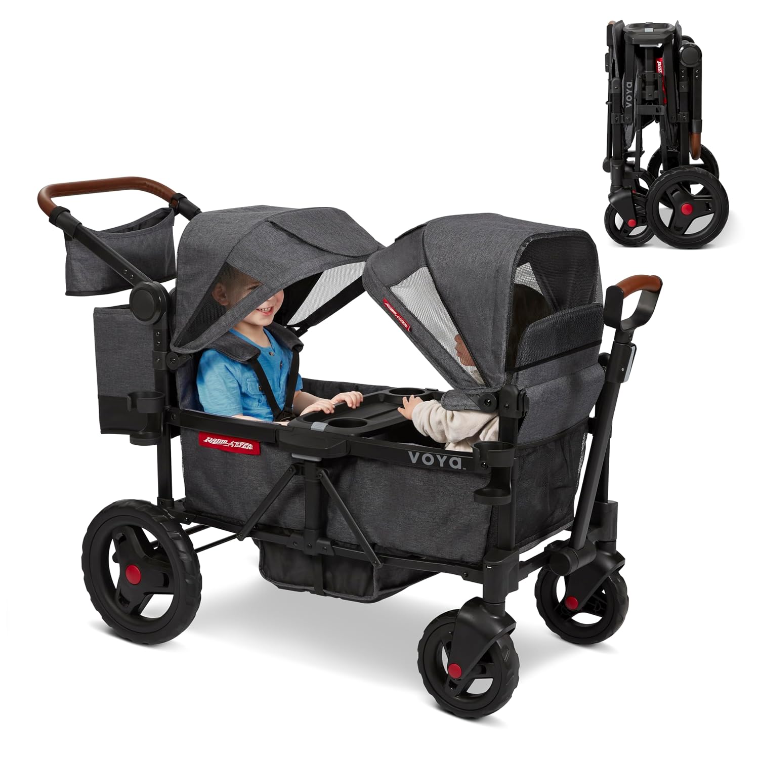 Radio Flyer Voya Stroller Wagon, for Toddlers and Kids 6+ Months, Push or Pull, 2 Seats, Dual Sun Canopies, Compact Fold, Lightweight, Storage Space, 5-Point Harnesses, Stroller Wagon for Kids