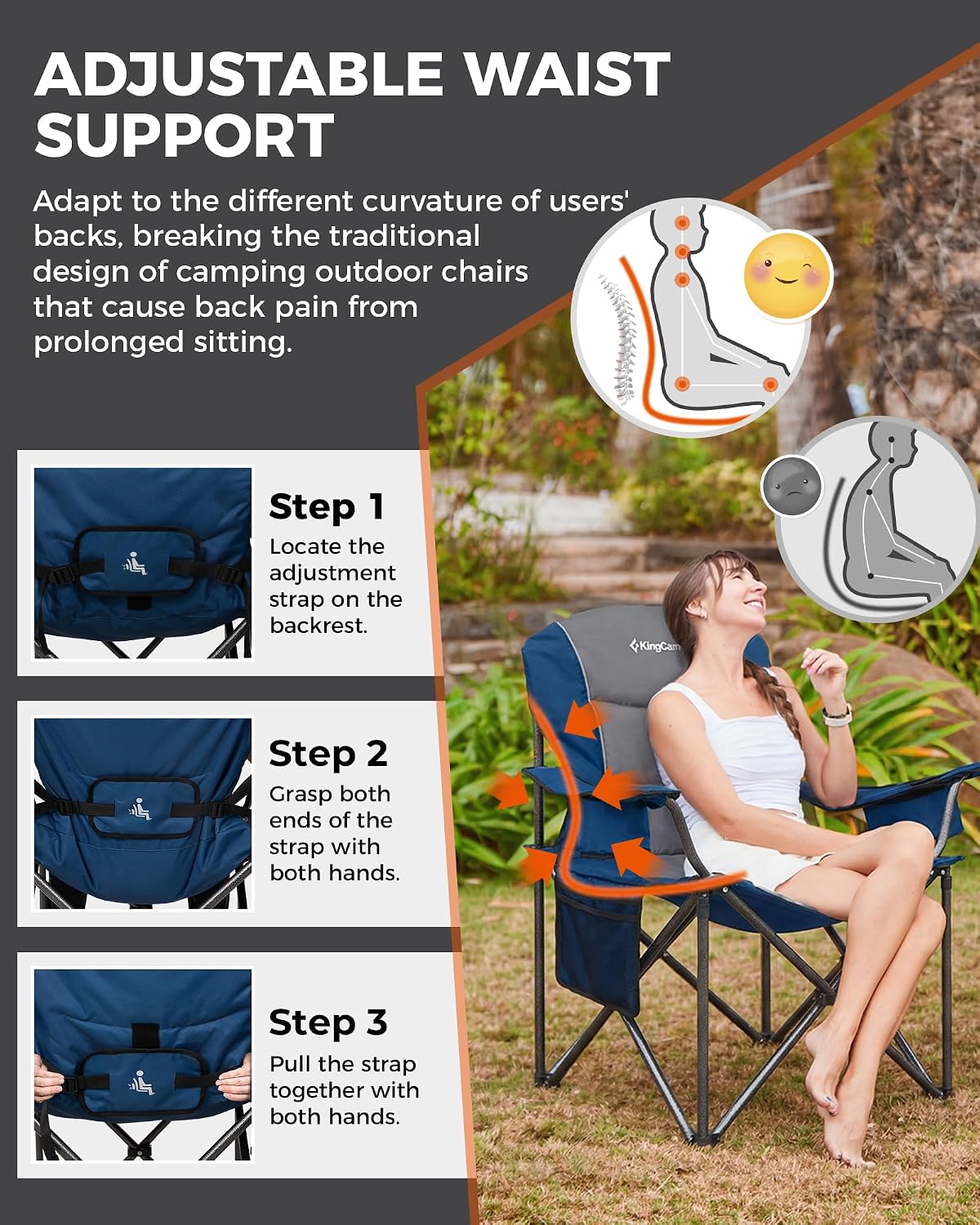 KingCamp Oversized Camping Chair with Adjustable Lumbar Support, 550lbs Heavy Duty Padded Folding Lawn Chair for Adults, Outdoor Armchair with Cooler Bag, Cup Holder & Side Pocket for Fishing, Travel