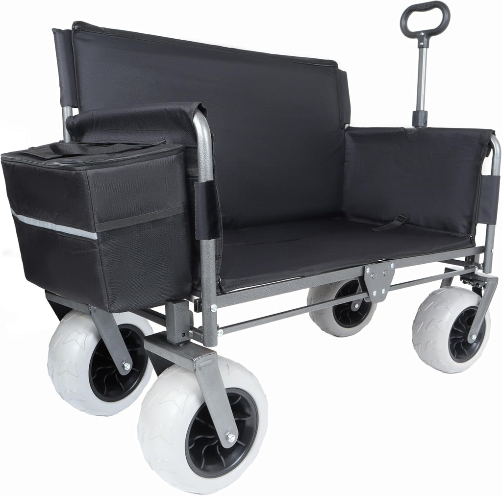Black Collapsible Wagon, Bench Seat & Storage, All-Terrain Wheels, Steel Frame, Folding Camping Cart for Beach, Sports, Fish, 40.94x20.47x44.29 in