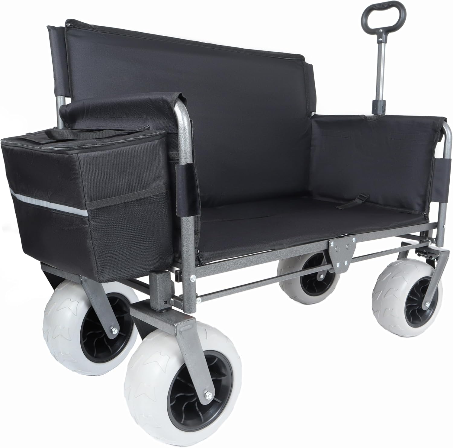 Black Collapsible Wagon, Bench Seat & Storage, All-Terrain Wheels, Steel Frame, Folding Camping Cart for Beach, Sports, Fish, 40.94x20.47x44.29 in