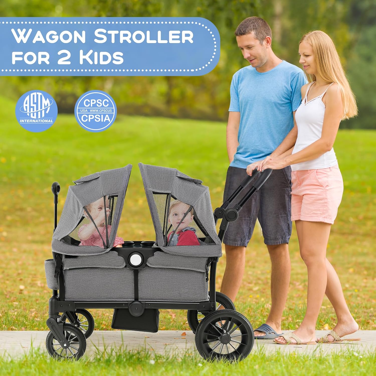 HONEY JOY Wagon Stroller for 2 Kids, 2 Seater Toddler Quad Stroller Wagon, Adjustable Push/Pull Handle Bar, Drop-Down Footwell & Upholstered Seats, Collapsible Kids Wagon with Canopy(Gray)