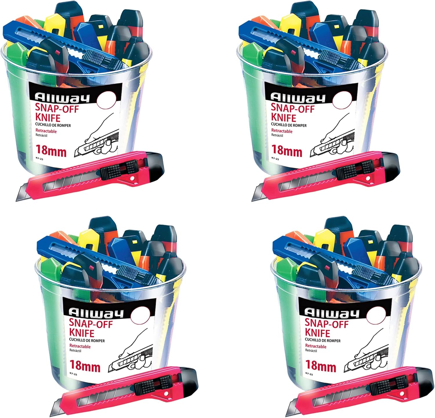 ALLWAY K7-25 Retractable 18mm Snap-Off Knife, Neon, 100 Pack