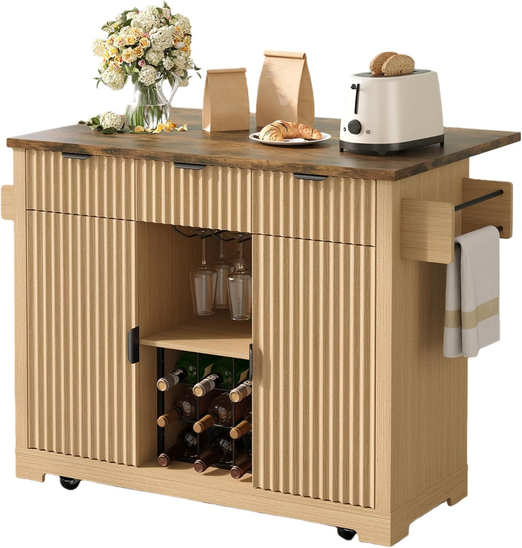 Vabches Rolling Kitchen Island with Folding Drop Leaf,50'' Wine Cabinet with Storage, Buffet Cabinet on Wheels with Wine Rack for Kitchen, Bar Cart on Wheels with Fluted Design, Nautral