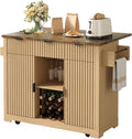 Vabches Rolling Kitchen Island with Folding Drop Leaf,50'' Wine Cabinet with Storage, Buffet Cabinet on Wheels with Wine Rack for Kitchen, Bar Cart on Wheels with Fluted Design, Nautral