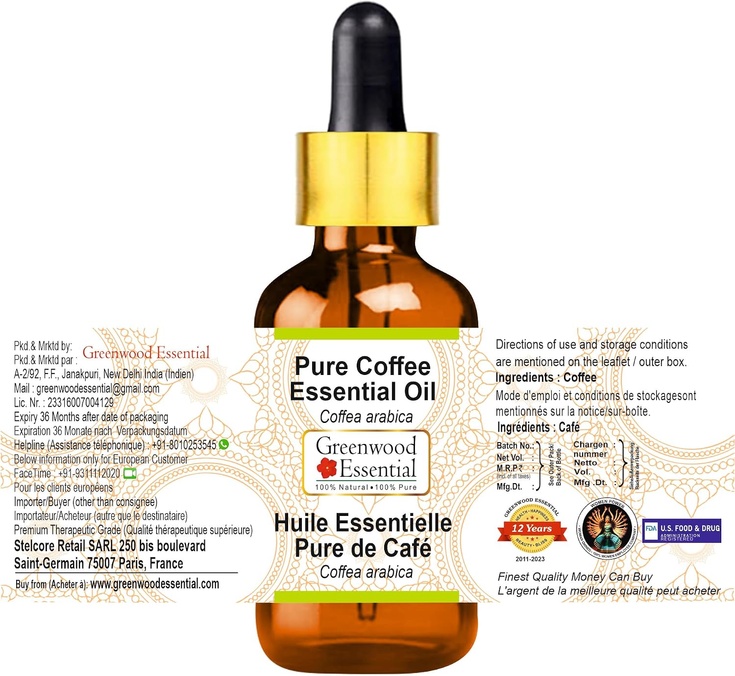 Greenwood Essential Pure Coffee Essential Oil (Coffea Arabica) with Glass Dropper 100ml X 2 (6.76oz)