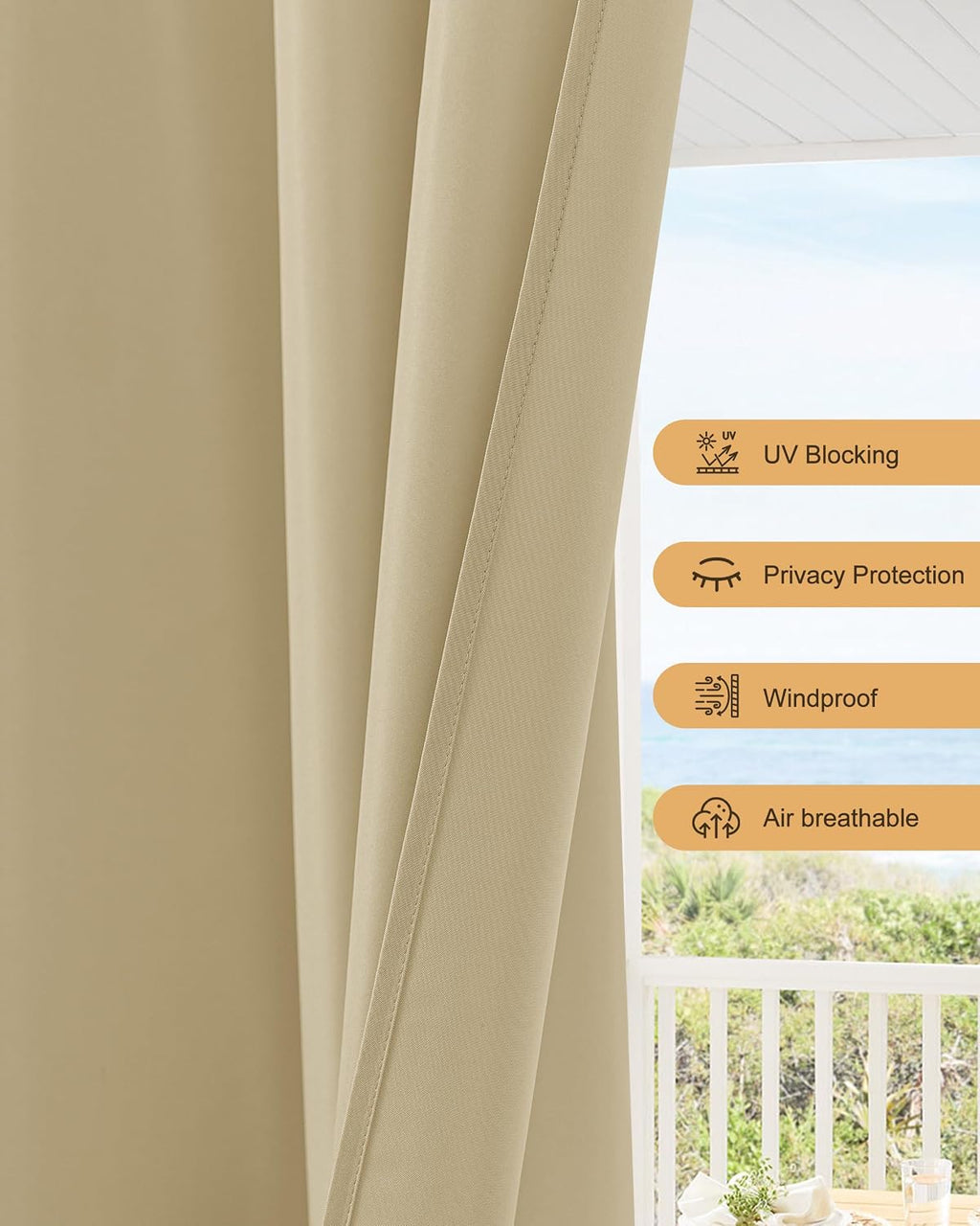 HolidayIdeas Outdoor Patio Curtains Waterproof with Rod Pocket 6 Panels 110x95 Inch- Weatherproof Balcony Outdoor Curtains for Apartments,Porch, Gazebo, Pergola, Sliding Glass Door, Cream