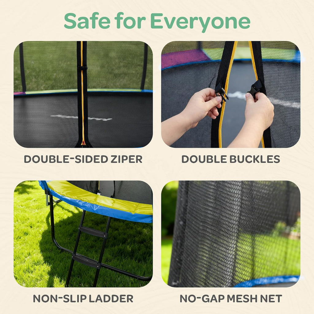 JoyBerri Trampoline Outdoor - Upsurge ASTM Certified Safe 8Ft 10Ft 12Ft 14Ft 15Ft 16Ft Recreational Trampoline for Kids and Adults. Anti-Rust Coating with Enclosure Net, Ladder, Sprinkler & LED Lights