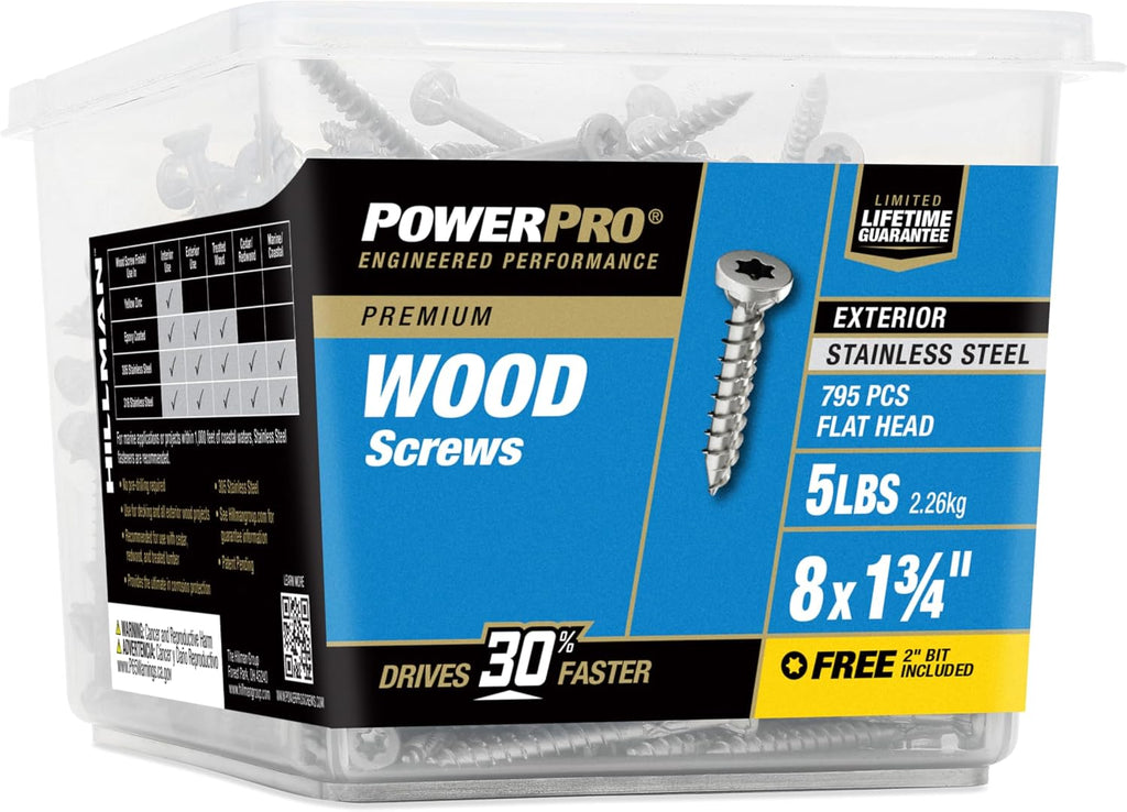 Power Pro 48625 Wood Screws, #8 x 1, Premium Stainless Marine Screws, Rust Resistant, Stainless Steel, 5lb Tub, 860 pcs