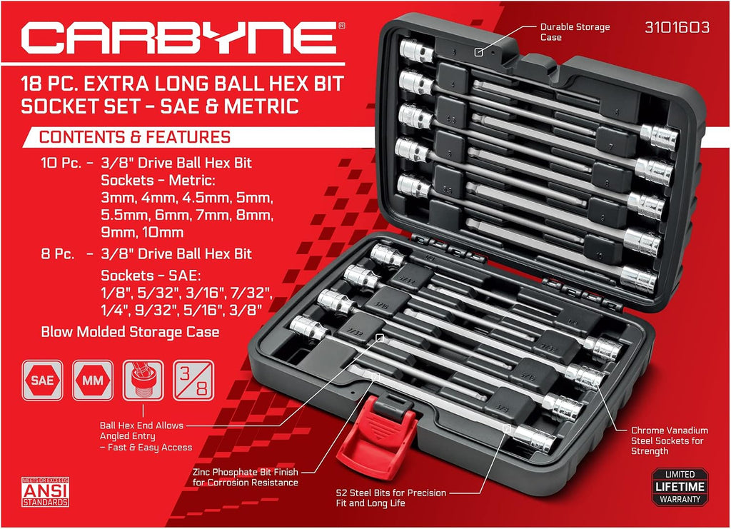 CARBYNE 18-Piece Extra Long Ball End Hex (Allen) Bit Socket Set, Metric and SAE, S2 Steel Bits, 3/8 in. Drive, 6.1 in. Overall Length, Zinc Phosphate Finish, Durable Storage Case