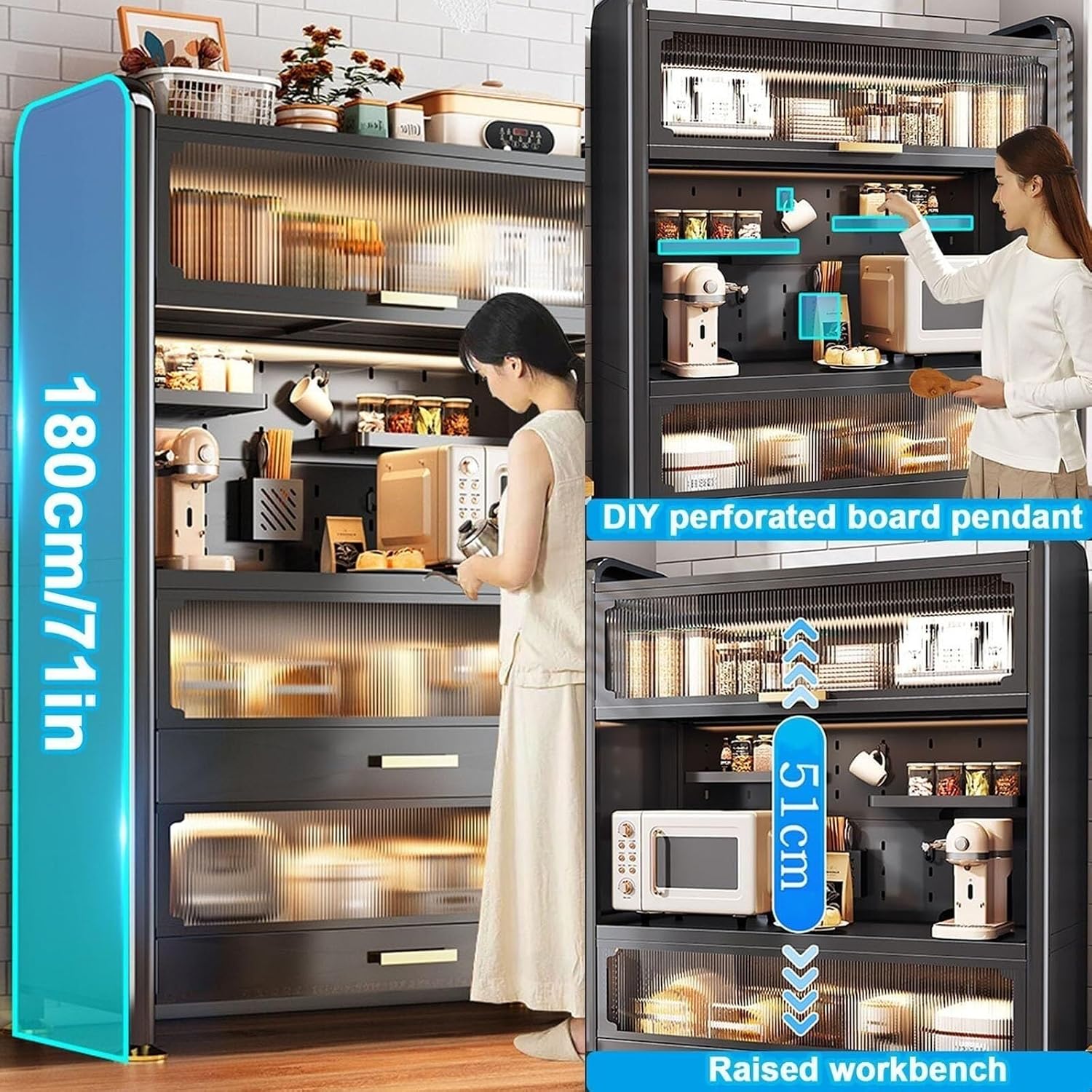 5-Tier Kitchen Baker's Rack with Flip Doors & Pull-Out Drawer, Metal Microwave Stand, Versatile Storage Shelves for Pantry, Coffee Makers, and More (32in/82cm)(82cm/32in)