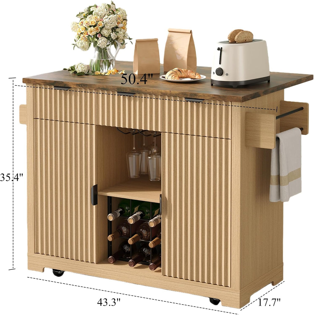 Vabches Rolling Kitchen Island with Folding Drop Leaf,50'' Wine Cabinet with Storage, Buffet Cabinet on Wheels with Wine Rack for Kitchen, Bar Cart on Wheels with Fluted Design, Nautral