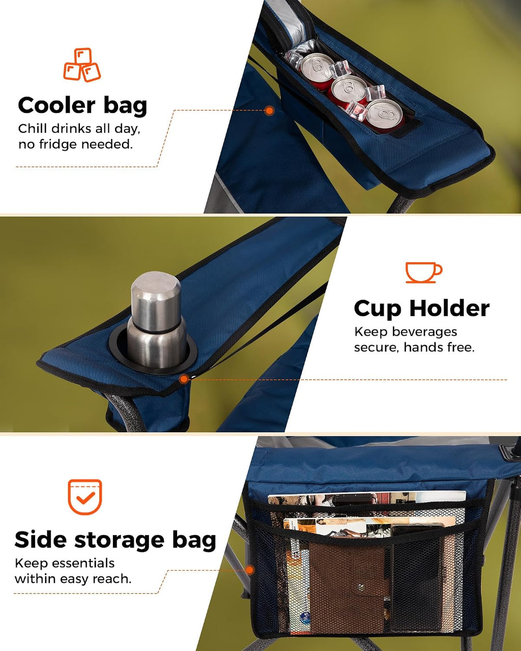 KingCamp Oversized Camping Chair with Adjustable Lumbar Support, 550lbs Heavy Duty Padded Folding Lawn Chair for Adults, Outdoor Armchair with Cooler Bag, Cup Holder & Side Pocket for Fishing, Travel