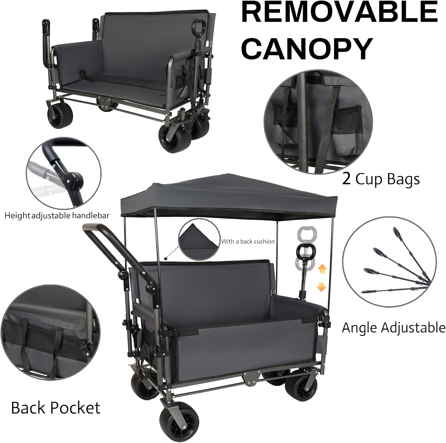 3 in 1 Folding Wagon Cart with Bench Seat Canopy Storage, 500lbs Heavy Duty, 180L Capacity, All Terrain Wagon for Camping, Beach, Sports, Garden, Gray