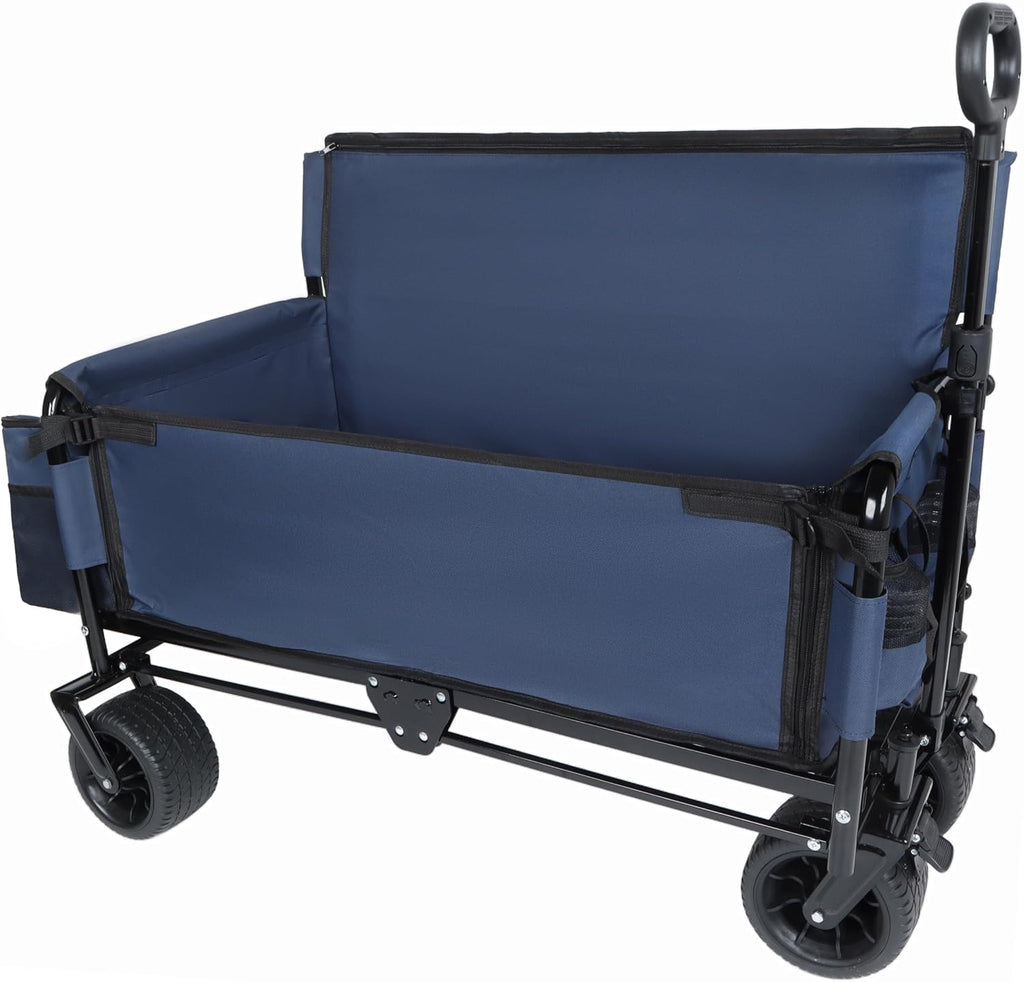 3-in-1 Folding Wagon with Bench Seat - 500LB Capacity, 180L Storage, All-Terrain Wheels, Compact Fold, Includes Ice Pack, for Camping, Beach, Sports, Garden (Dark Blue)
