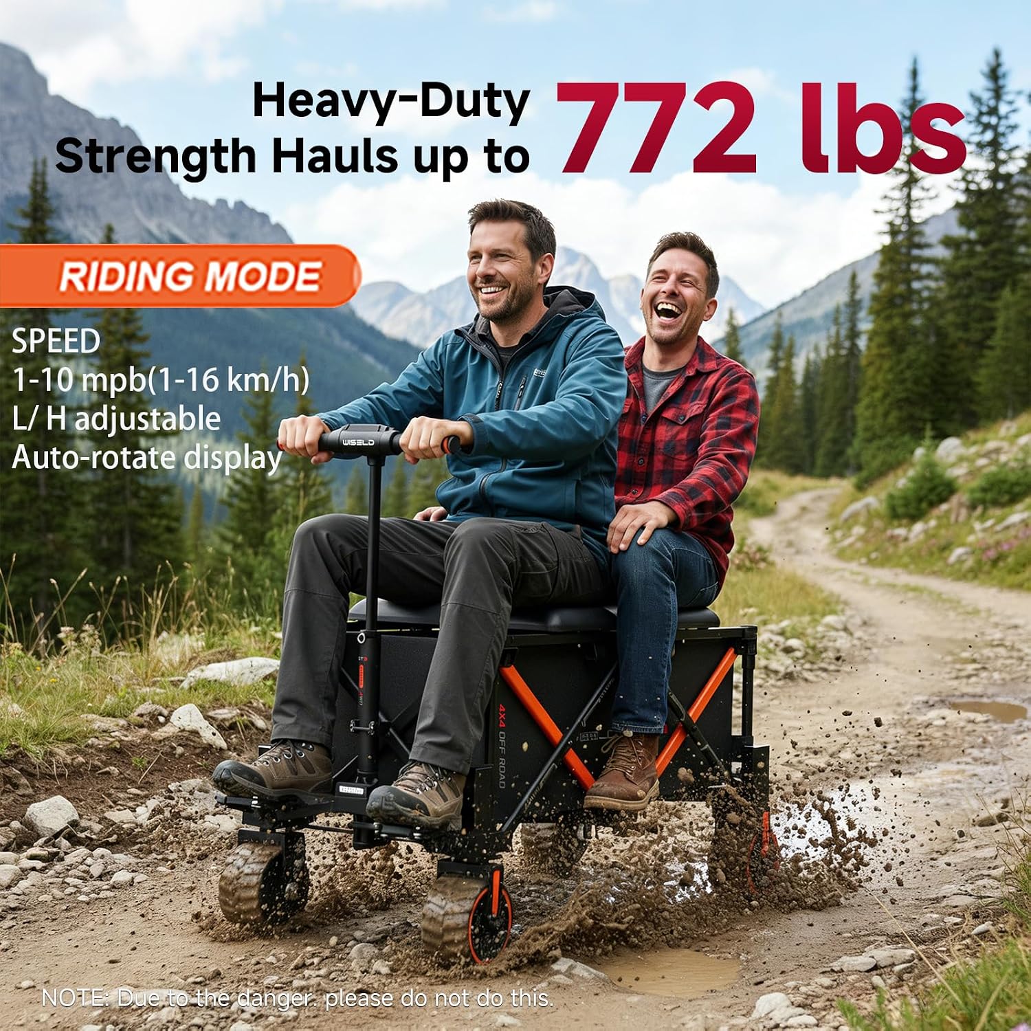 WISELD GT3-4WD Off Road Electric Wagon Cart Heavy Duty with Seat, 771 Lbs Utility Cart with 3000W Motor Hauler, Rideable & Tow-Assist Foldable Motorized Cart, 0-10 MPH, for Camping, Garden...