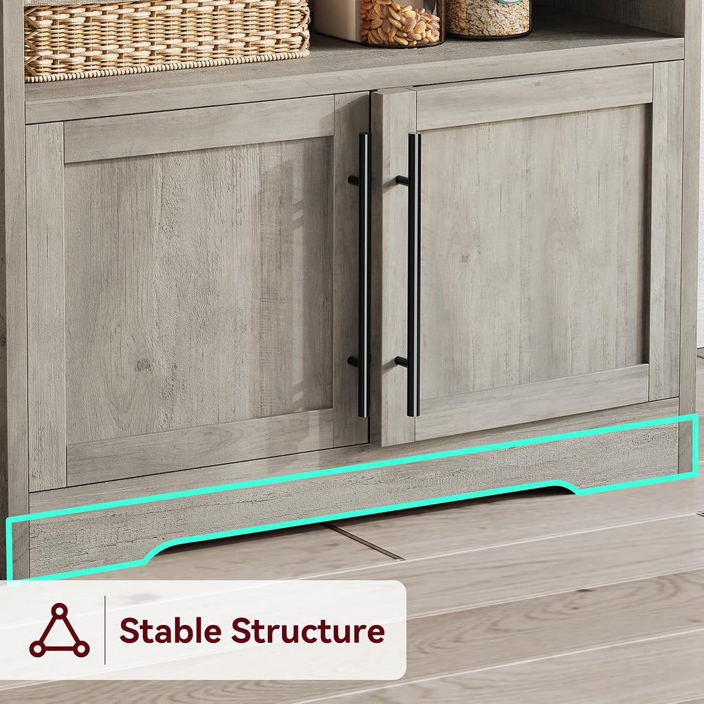 IDEALHOUSE Bakers Rack With Storage Cabinet, Microwave Stand With Power Outlets, Farmhouse pantry cabine With Thick Table Top, Small Kitchen Pantry Hutch Bakers Rack for Kitchen,Dining Room,Retro Gray