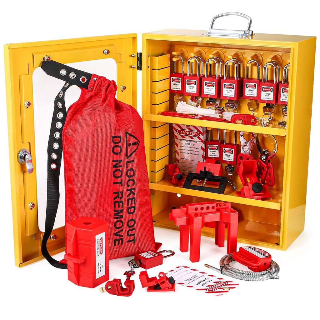 Frcctre Lockout Tagout Station, 80 Pcs Electrical Safety Loto Kit Includes Safty Padlock, Lockout Hasp, Tags,Ties, Circuit Breaker Lock, Ball Valve Lock, Electrical Plug Lock, Steel Cable Lock