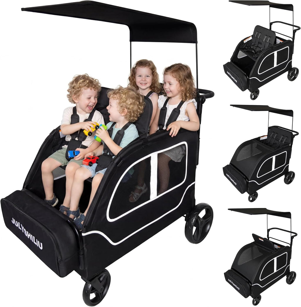 Car-Shaped Large 4 Seater Stroller Wagon for 2 3 Kids Toddler Child Foldable All-Terrain with Removable Canopy, 5-Point Harness, Storage Bag for Shopping Outdoor, Black