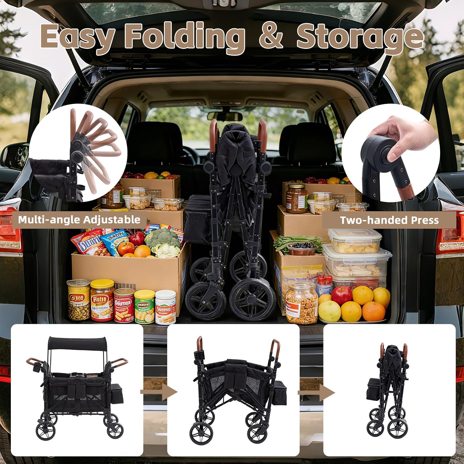 Stroller Wagon for 4 Kids, 4 Seater Wagon Stroller with Snack Tray, Large Storage Bag, Phone Cup Holder, Removable Canopy, Foldable Wagon Stroller 4 Seater with Adjustable Push Handles (Deep Black)