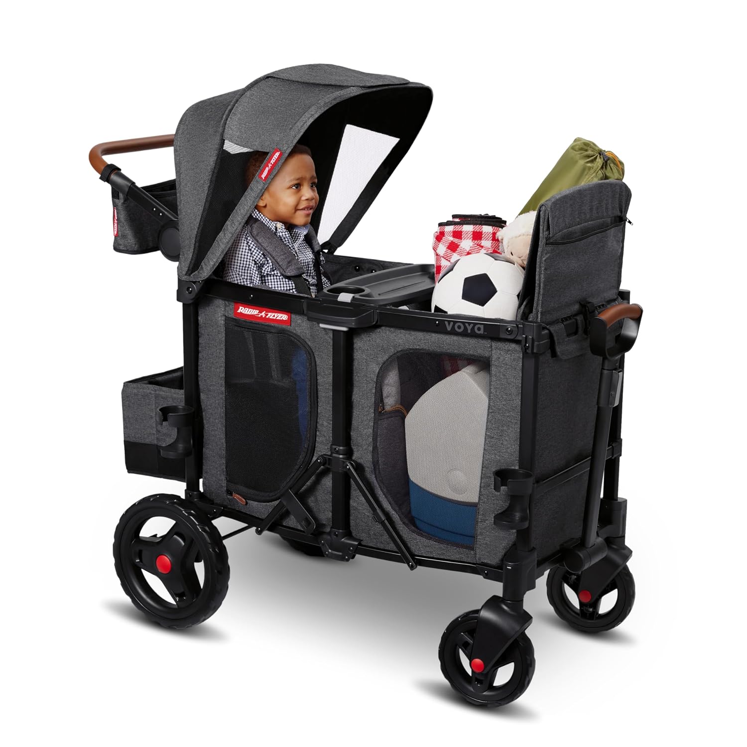 Radio Flyer Voya Stroller Wagon, for Ages 6+ Months, Extra Tall Sides, Push or Pull, 2 Seats, Dual Sun Canopies, Compact Fold, Lightweight, Storage Space, 5-Point Harnesses, Stroller Wagon for Kids