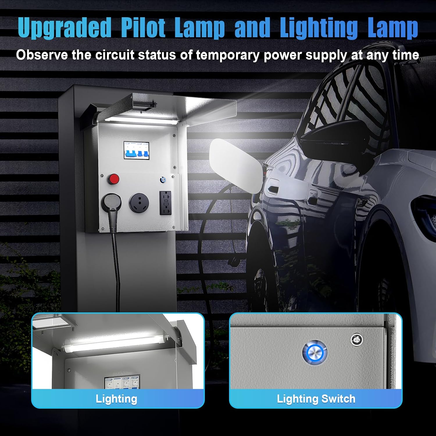 RV Outlet Box with Lighting System Current Indicator 50/30/20 Amp Trailer RV Accessories Electrical Temporary Power Panel Small Metal Sub Breaker Box Waterproof Outdoor Receptacle Camper Home Upgrades
