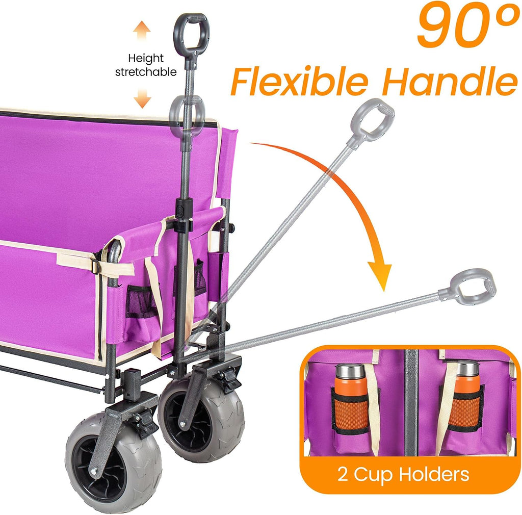3-in-1 Folding Wagon with Seats and Table, All Terrain Beach Cart with Big Wheels for Sand, 500lbs Heavy Duty Collapsible Wagon for Camping Family Shopping (Purple)