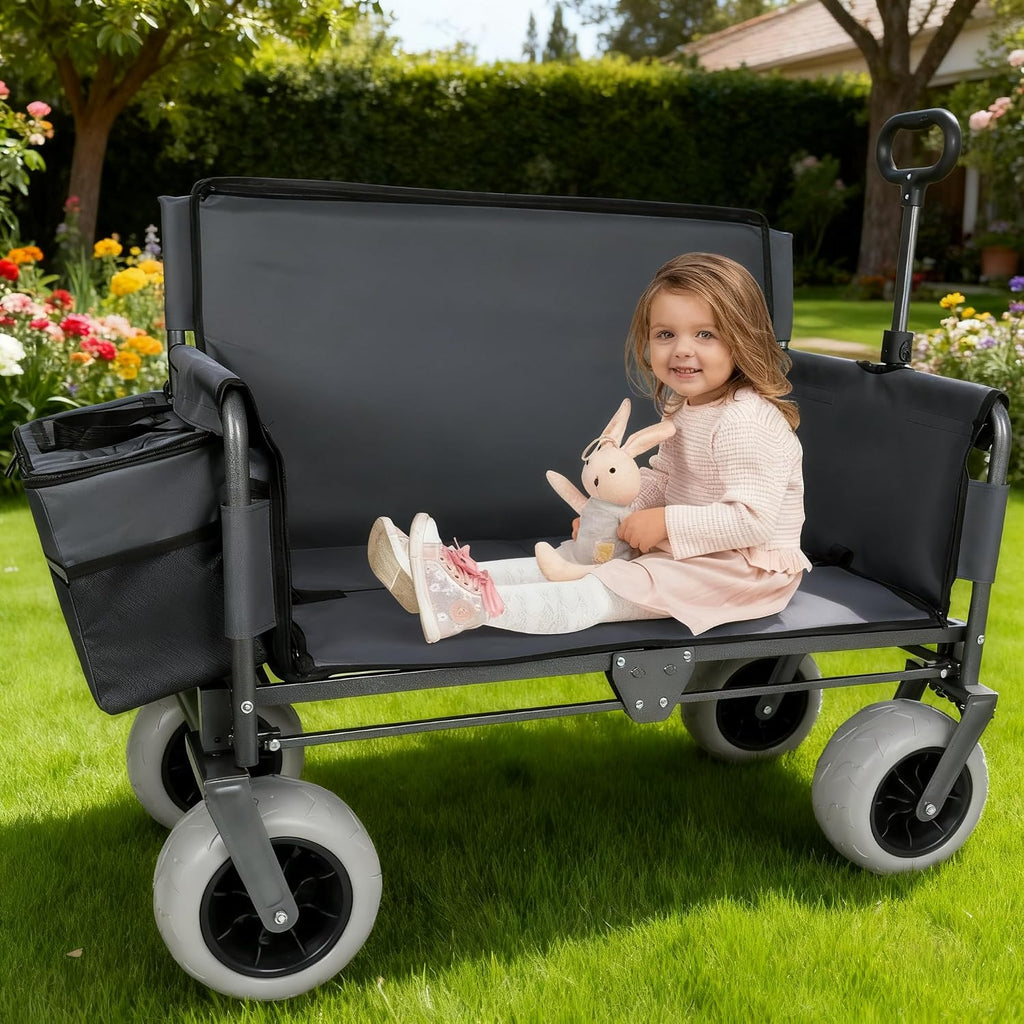 Gray Collapsible Wagon, Bench Seat & Storage, All-Terrain 9'x4' Beach Tires, Steel Frame, Folding Camping Cart for Beach, Sports, Fish, 40.94x20.47x44.29 in