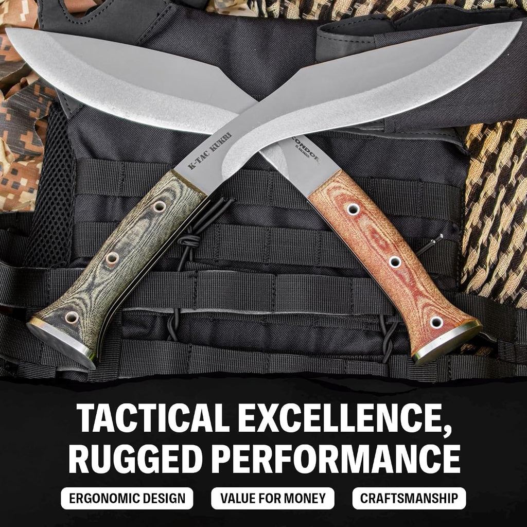Condor Tool & Knife K-tact Kukri Knife - 1075 High Carbon Steel - Gardening Machete - Micarta Handle - Kydex with Leather Belt Loop Sheath - 6mm Thick - 10in Blade - 32.4oz
