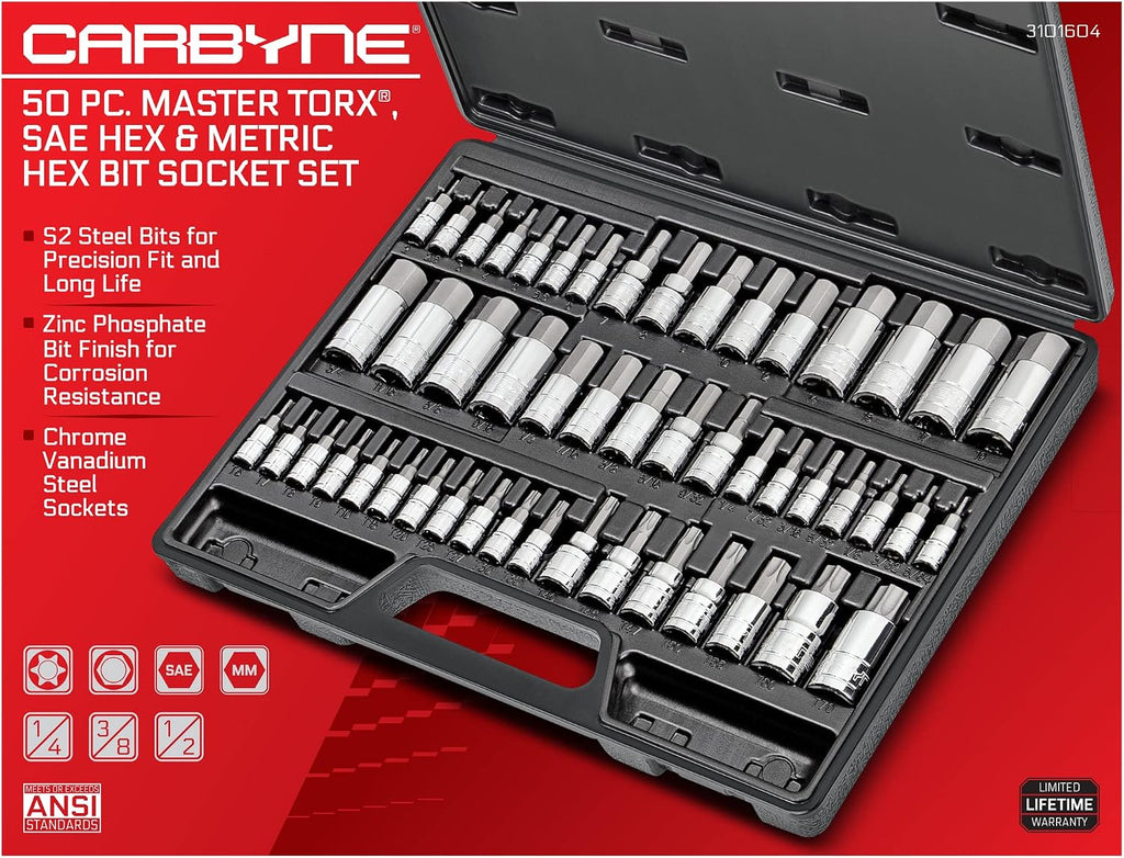 CARBYNE 50-Piece Master Torx and Allen Bit Socket Set S2 Steel SAE and Metric Hex and Star Bit Sockets 1/4 in 3/8 in and 1/2 in Drive Torx T6 to T70 for Automotive and Motorcycle Repair