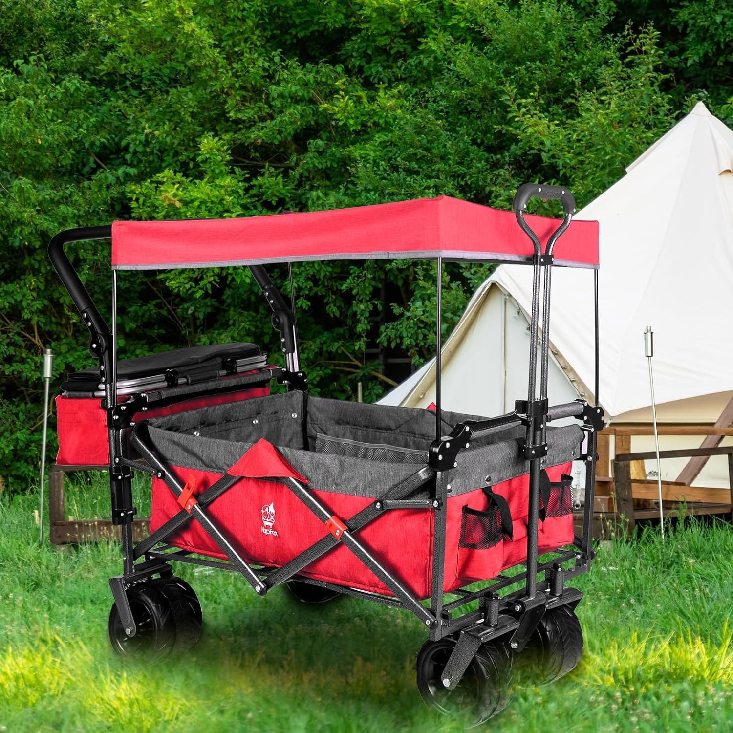 All Terrain Collapsible Wagon Cart with Big Wheels, 350 Pound Capacity Heavy Duty Enlarged Utility Folding Beach Garden Wagon Cart with Brake & Adjustable Handle for Outdoor Camping Shopping Red