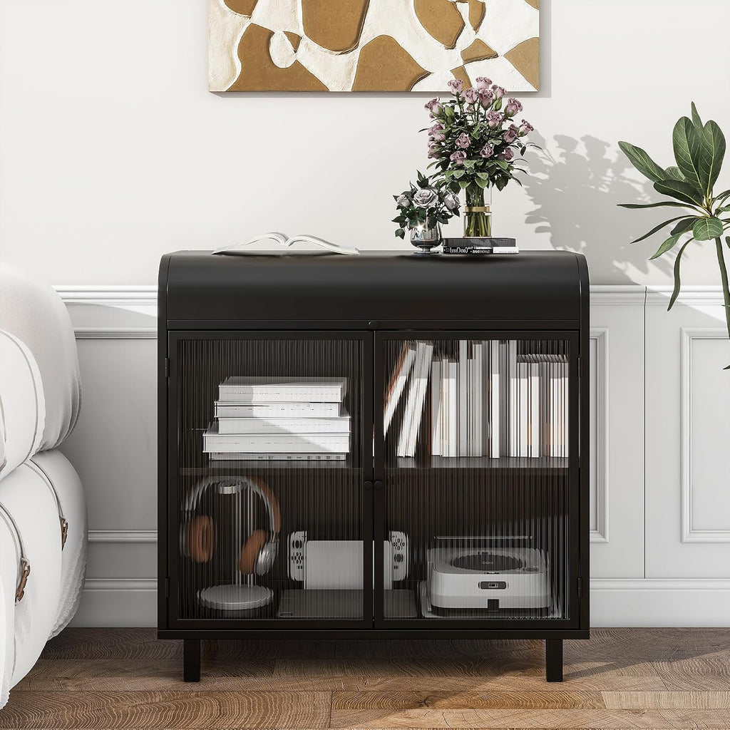 Metal Storage Cabinet Black with Glass Doors, Durable Metal Frame Storage with Tempered Glass Doors & Shelves Ideal for Dining Kitchen Living Room Entryway for Organized Space (Product L)
