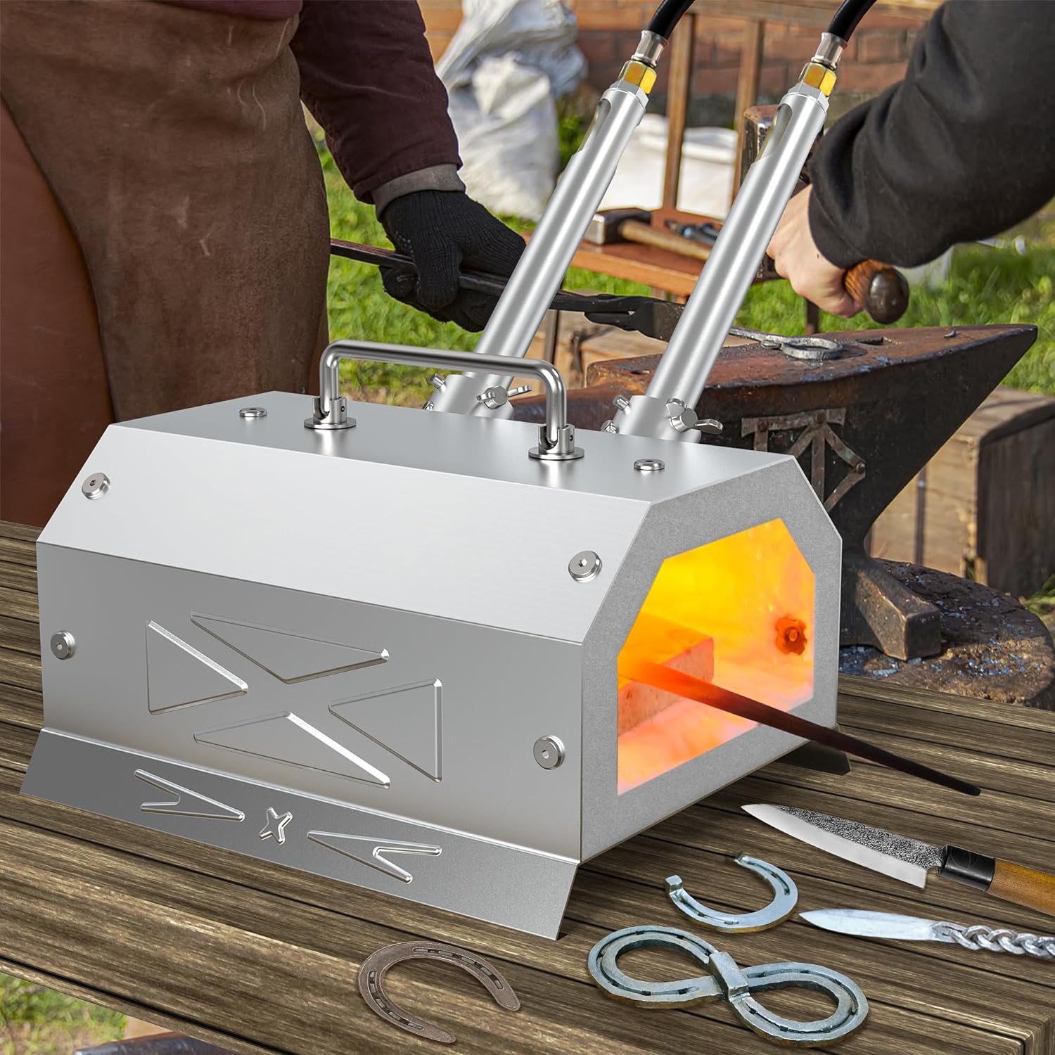 Nelyrho Propane Blacksmith Forge Kit with 30PSl Requlator, Made of Stainless Steel, for Blacksmithing and Knife Making (2 Burner)