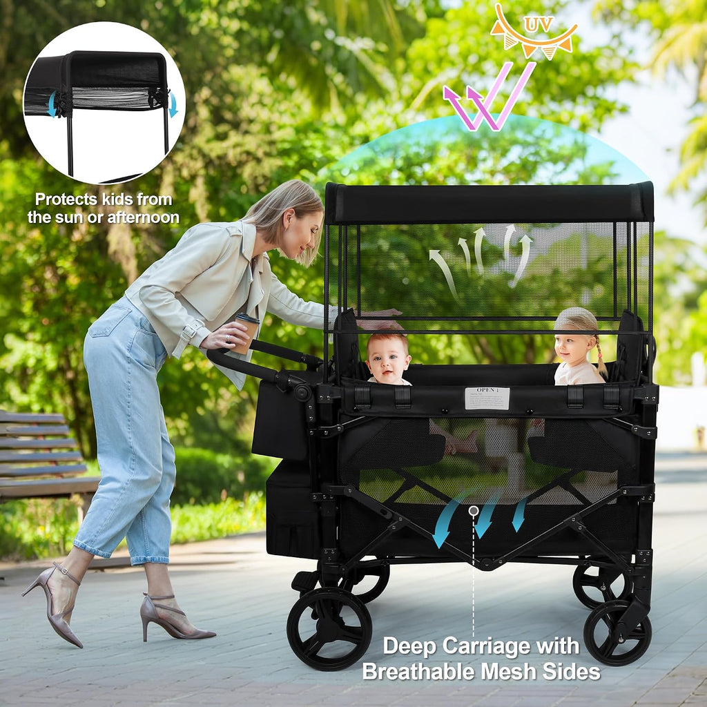Wagon Stroller for 2 Kids, High Seat & 5 Point Harness, Foldable All-Terrain Wagon for Toddler with Canopy, Parent Organizer, Shoulder Bag, Adjustable Handlebar, Ultimate Double (Black, W2-M)